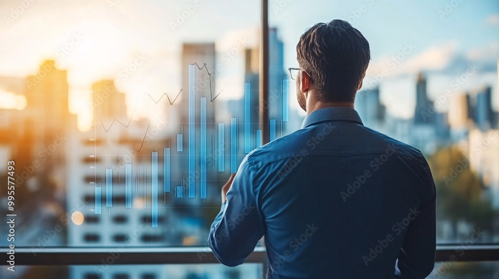 Poster an upward-trending financial graph with a person standing proudly beside it representing economic gr