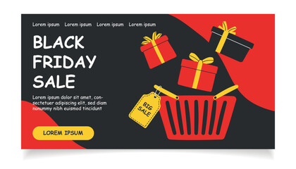 Black Friday sale banner. Shopping basket with gift boxes on black background. Black Friday shopping.