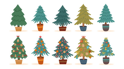 Set of decorated potted Christmas trees isolated on white background. Sustainable Christmas concept. Christmas ornaments.