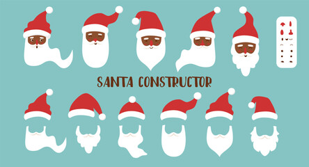 Set of Santa Claus faces, hats and beards. Santa constructor. Christmas collection.