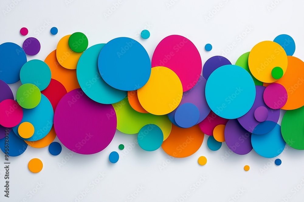 Poster colorful background with many different colored circles. some of the circles are blue, some are gree