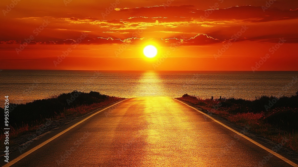 Poster a long road leading into a vibrant sunset symbolizing the challenges and opportunities that lie ahea