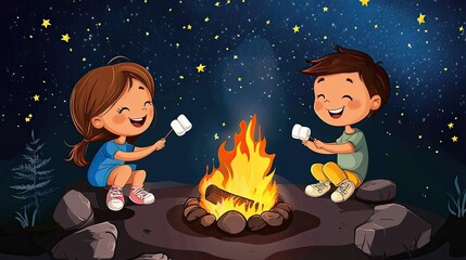 A cartoon happy boy and girl roasting marshmallows by a campfire, with space for text in the starry night.
