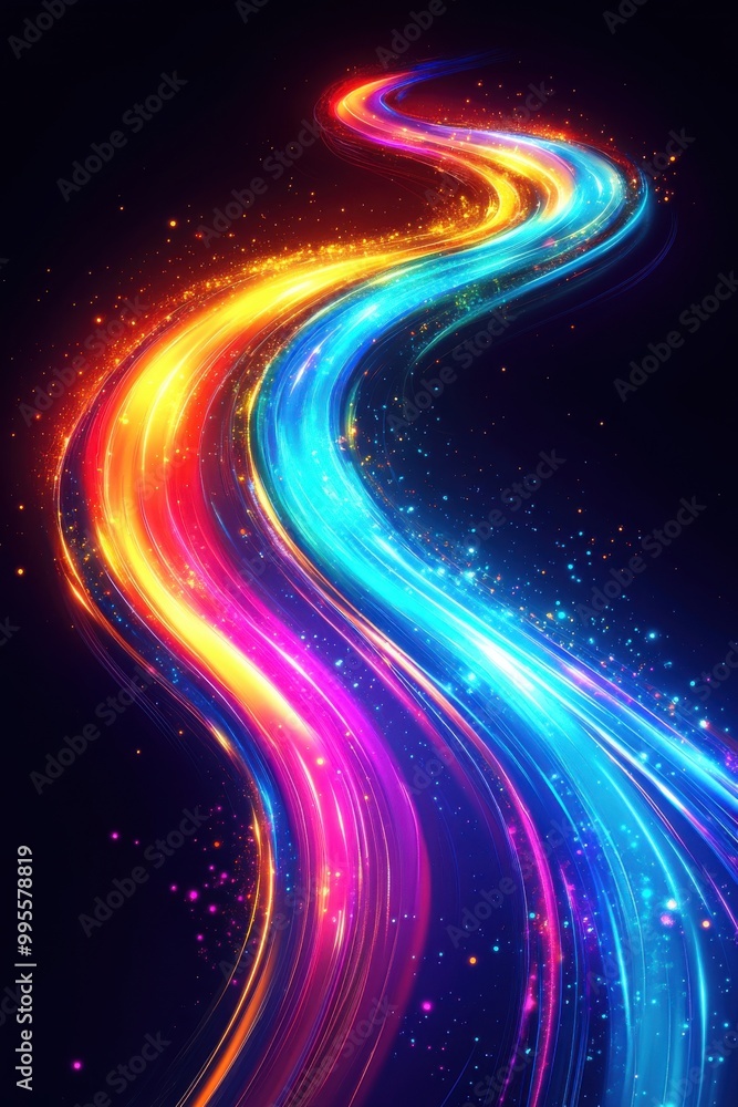 Poster vibrant illustration of glowing neon lines with a dynamic and colorful swirl effect, creating a sens