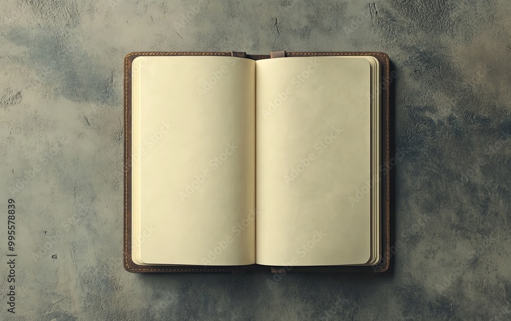 Poster an open blank notebook resting on a textured surface, ready for notes or creative writing.