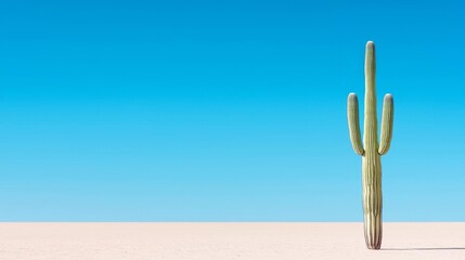 Minimalist desert landscape with a single cactus under a clear blue sky, sharp shadows, wideopen space,  cactus minimalist landscape, serene nature