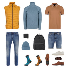 Men's set of lifestyle clothes, shoes and accessories in isolated on a white background
