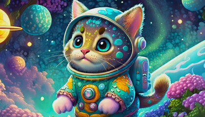 oil painting style cartoon character  illustration baby cat Astronaut Adrift in the Vastness of Space