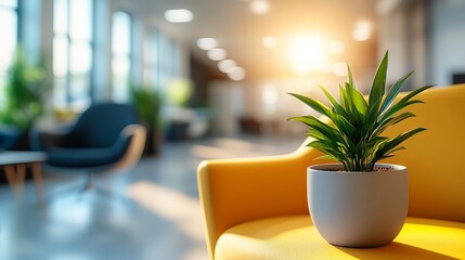 Green plant in white pot on yellow chair with bright sunlight in modern office