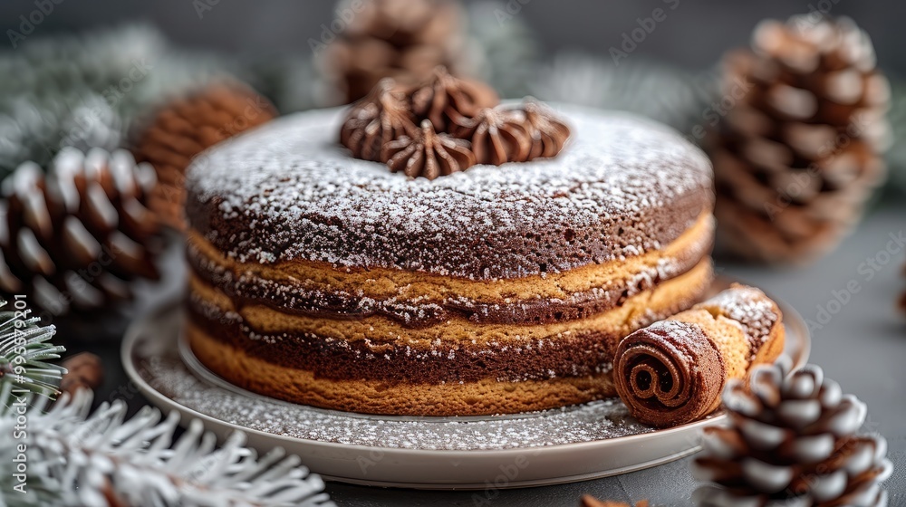 Poster close-up of a cake with chocolate frosting, dusted with powdered sugar, surrounded by pine cones.