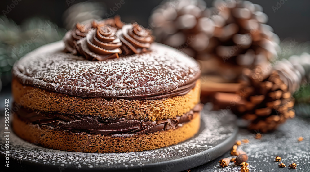 Poster close-up of a cake with chocolate frosting, dusted with powdered sugar, surrounded by pine cones.