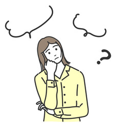 考える、悩む女性　吹き出し　はてな　疑問　腕を組む　悩む　ベクターイラスト　疑問　白バック　正方形　SNS