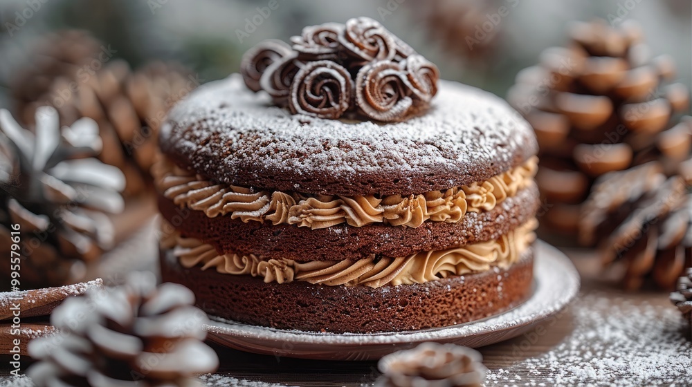 Poster close-up of a cake with chocolate frosting, dusted with powdered sugar, surrounded by pine cones.