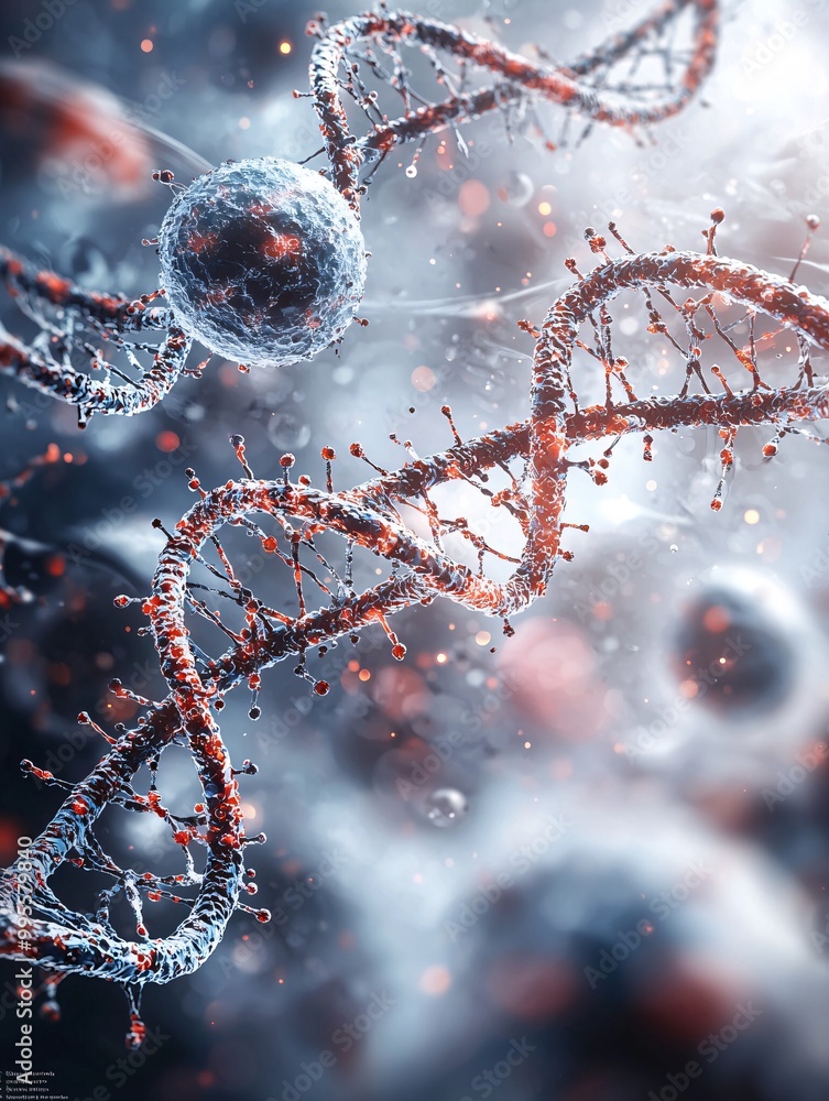 Poster close-up view of oocytes intertwined with damaged dna, each twist and turn symbolizing inherited emo