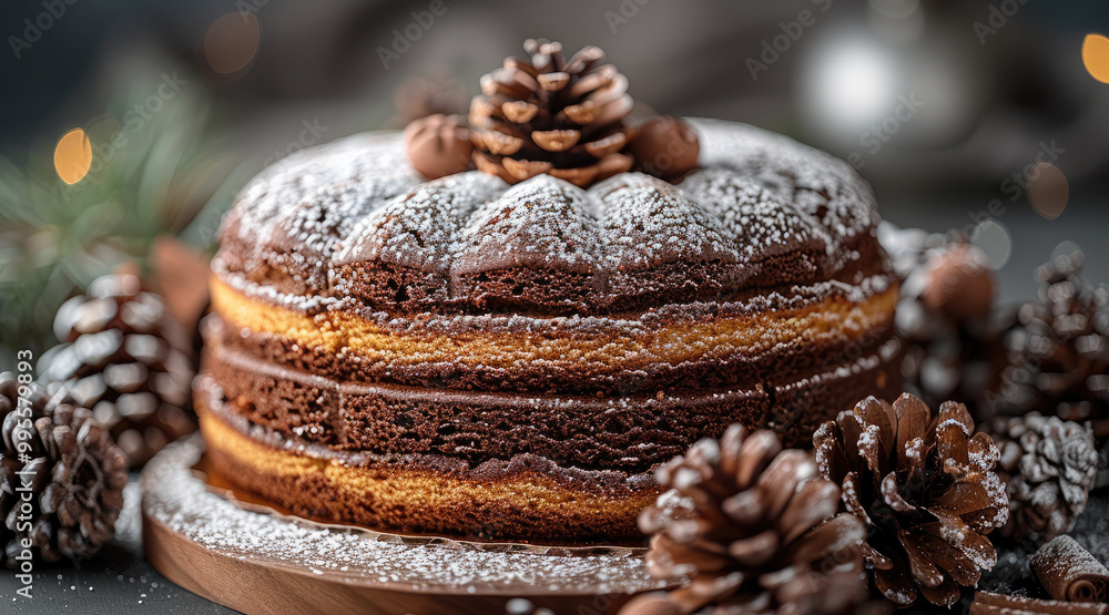 Poster close-up of a cake with chocolate frosting, dusted with powdered sugar, surrounded by pine cones.