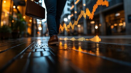 Fototapeta premium A financial chart with upward movement accompanied by a person holding a briefcase symbolizing business growth achievement and career advancement Large space for text in center Stock Photo with copy