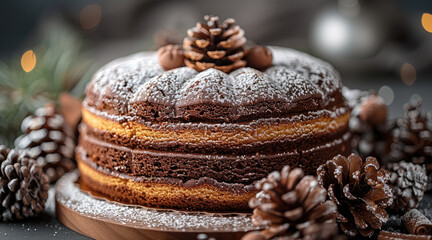 Close-up of a cake with chocolate frosting, dusted with powdered sugar, surrounded by pine cones.