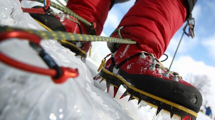 Closeup of ice climbing gear use on a frozen waterfall showcasing techniques and safety