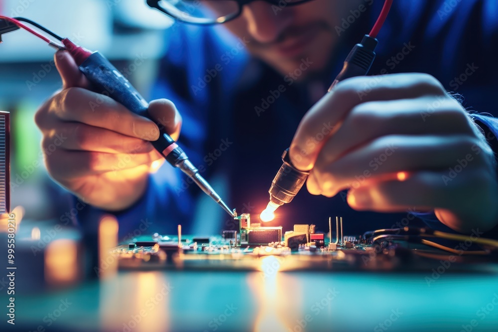 Poster a person soldering components on a circuit board in a workshop.