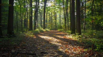 Obraz premium A tranquil forest path featuring towering trees, soft dappled sunlight, and a rich carpet of colorful fallen leaves.