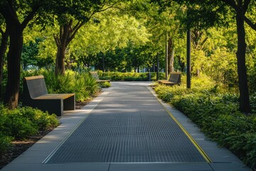 Obraz premium Tranquil urban park scene with benches and lush greenery