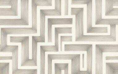 A geometric pattern featuring interlocking lines and shapes in neutral tones, suitable for wallpaper or textile design.