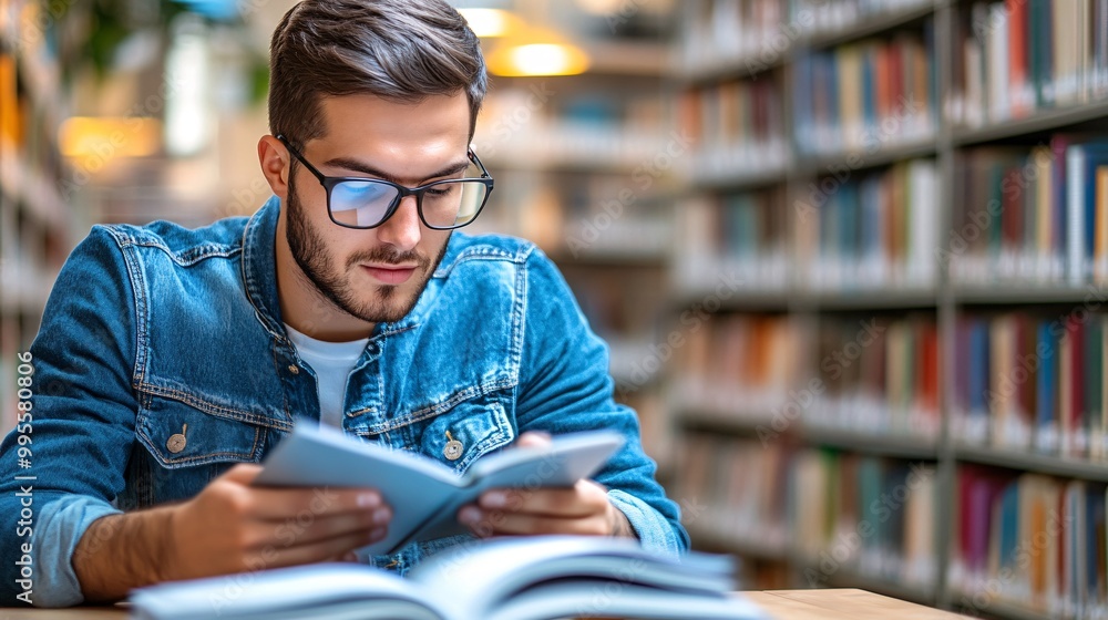 Poster A person focused on learning in a library environment surrounded by books and notes symbolizing dedication to self-education and growth Large space for text in center Stock Photo with copy space