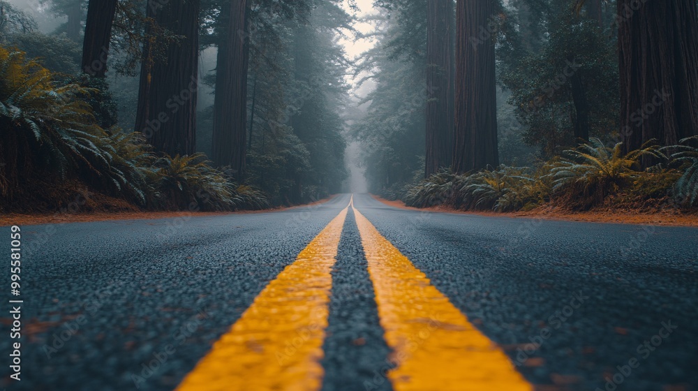 Poster A winding road disappearing into a forested landscape symbolizing the ongoing journey toward achieving personal and professional goals Large space for text in center Stock Photo with copy space