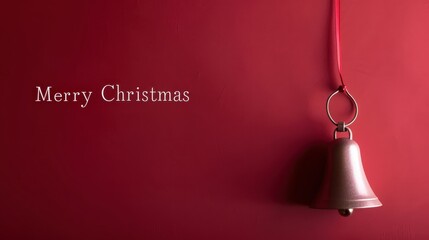 Minimalist design, soft red background, "Merry Christmas" in silver, small bell in the corner, clean space for text. 