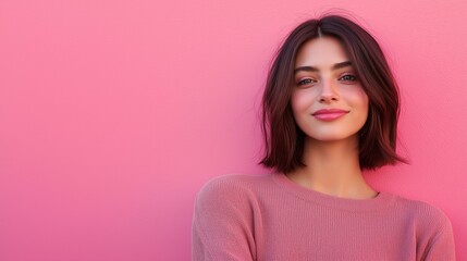 Fototapeta premium Young Woman Smiling in Front of Pink Wall Expressing Joy and Confidence in Casual Outfit