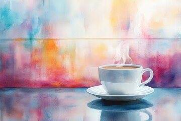 Obraz premium Watercolor painting of a cozy coffee shop with steaming cup and vibrant wall art