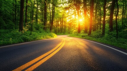 Fototapeta premium A winding road disappearing into a forested landscape symbolizing the ongoing journey toward achieving personal and professional goals Large space for text in center Stock Photo with copy space