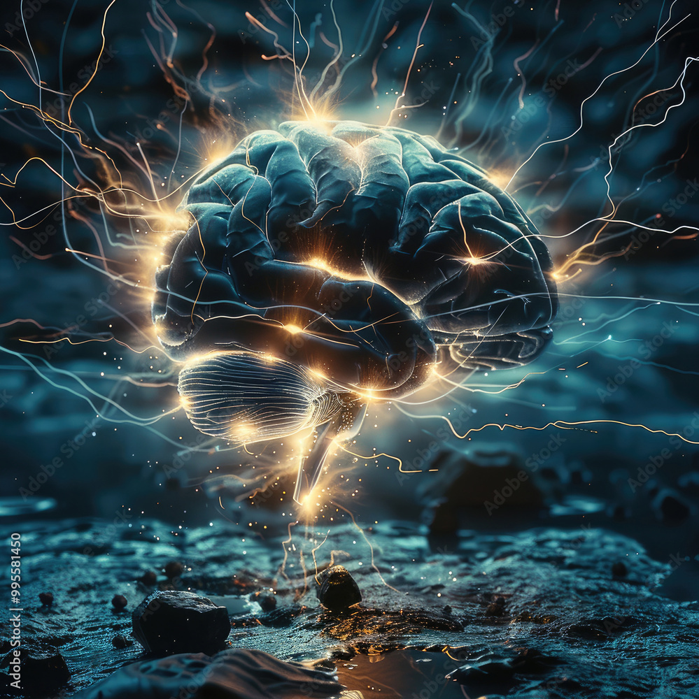 Aufkleber A brain with brain waves visibly radiating from it. make the surrounding environment mysterious and dark. make the brain waves bright to contrast with the background.