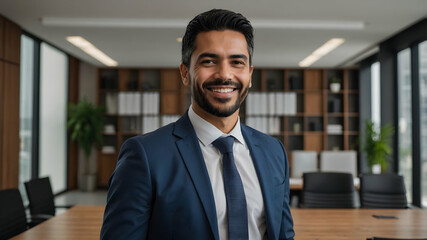 Fototapeta premium Confident Businessman Portrait: A charismatic man in a sharp suit smiles warmly, exuding professionalism and success in a modern office setting. Captures ambition, leadership, and trust. 