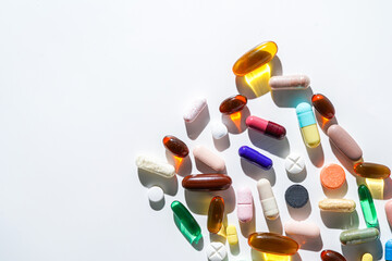 Various pharmaceuticals pills capsules tablets softgel of food supplements, fish oil, vitamin omega