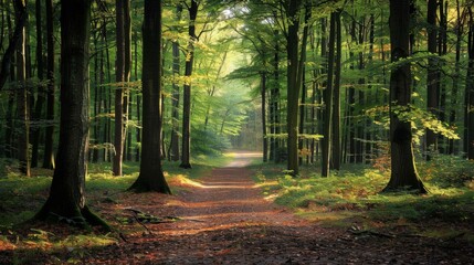 Obraz premium A calm forest trail with majestic trees, gentle dappled sunlight, and a beautiful carpet of autumn leaves covering the ground.