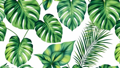 Watercolor Illustration of Tropical Monstera and Banana Leaves in Green Hues on Light Textured Background
