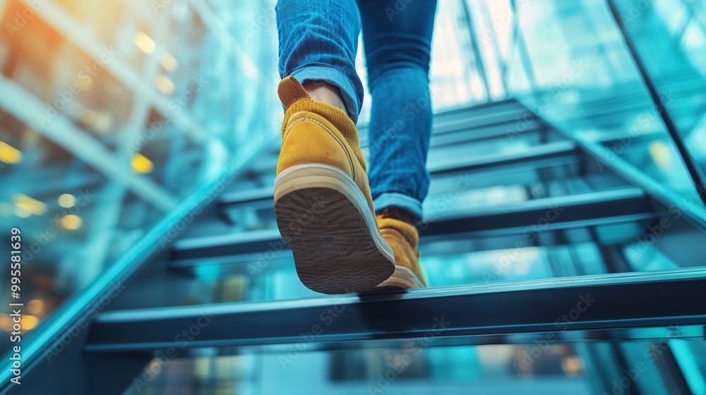 Poster A professional stepping up a staircase in a sleek office building representing goal-setting career progression and steady achievement Large space for text in center Stock Photo with copy space
