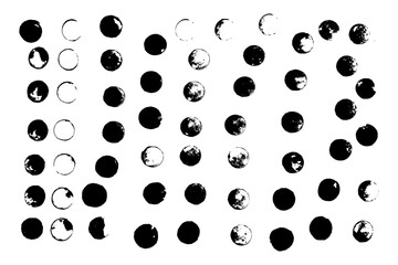 Black ink circular shapes kit. Vector coffee stain rings. Black coffee ring collection. Grungy polka dot pattern with tiny small messy round rubber stamps. Emblem, punk style logo graphic elements set