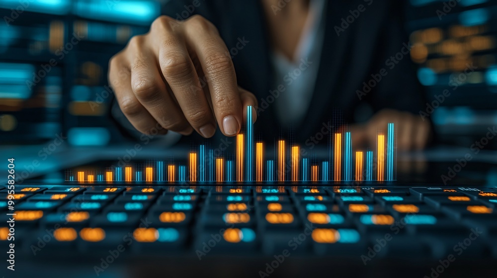 Aufkleber An upward graph with a professional pointing at the highest point symbolizing success in business financial growth and goal achievement Large space for text in center Stock Photo with copy space