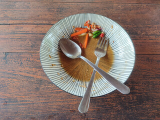 An empty plate with leftover food, a spoon, and a fork on a wooden table, indicating a finished...