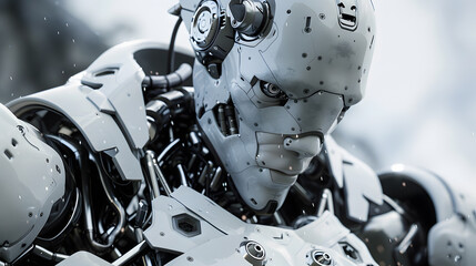 Fototapeta premium Portrait of an android robot, concept of technical support. Neural network AI generated art