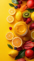 Top view of a baby food jar with fruits space for text