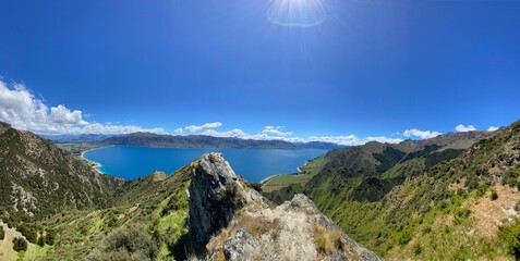 Beautiful New Zealand landscape of Lake Hawea from top of Breast Hill. Landscape with lake and mountains