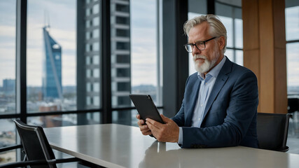 Fototapeta premium Strategic Vision: A seasoned businessman, thoughtfully reviewing data on his tablet, overlooking a cityscape from his high-rise office. The image embodies focus, expertise, and leadership. 