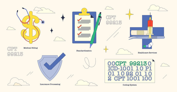 Illustration of CPT codes with medical billing, standardization, and healthcare services in neubrutalism style collection.