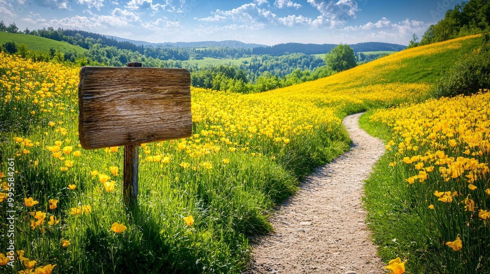 Poster A rural path leading into the distance through fields and hills symbolizing the unknown but exciting path toward future success and achievements Large space for text in center Stock Photo with copy