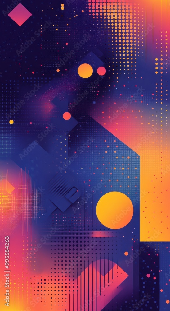 Aufkleber abstract geometric background with a vibrant color scheme of blue and orange circles and squares cre