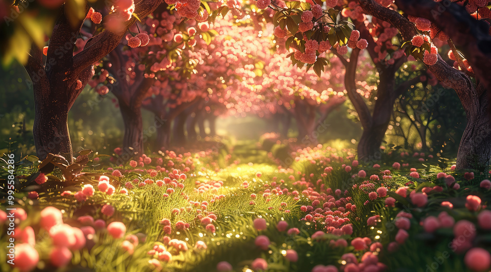 Poster a magical whimsical forest with cherry on the trees and on the floor, short grass on the floor.