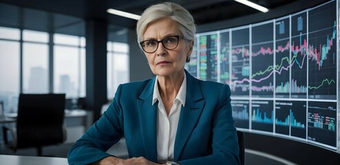 Strategic Visionary: Senior businesswoman in teal blazer, contemplating data on large monitors.  A portrait conveying intelligence, experience and leadership in a modern office setting. 